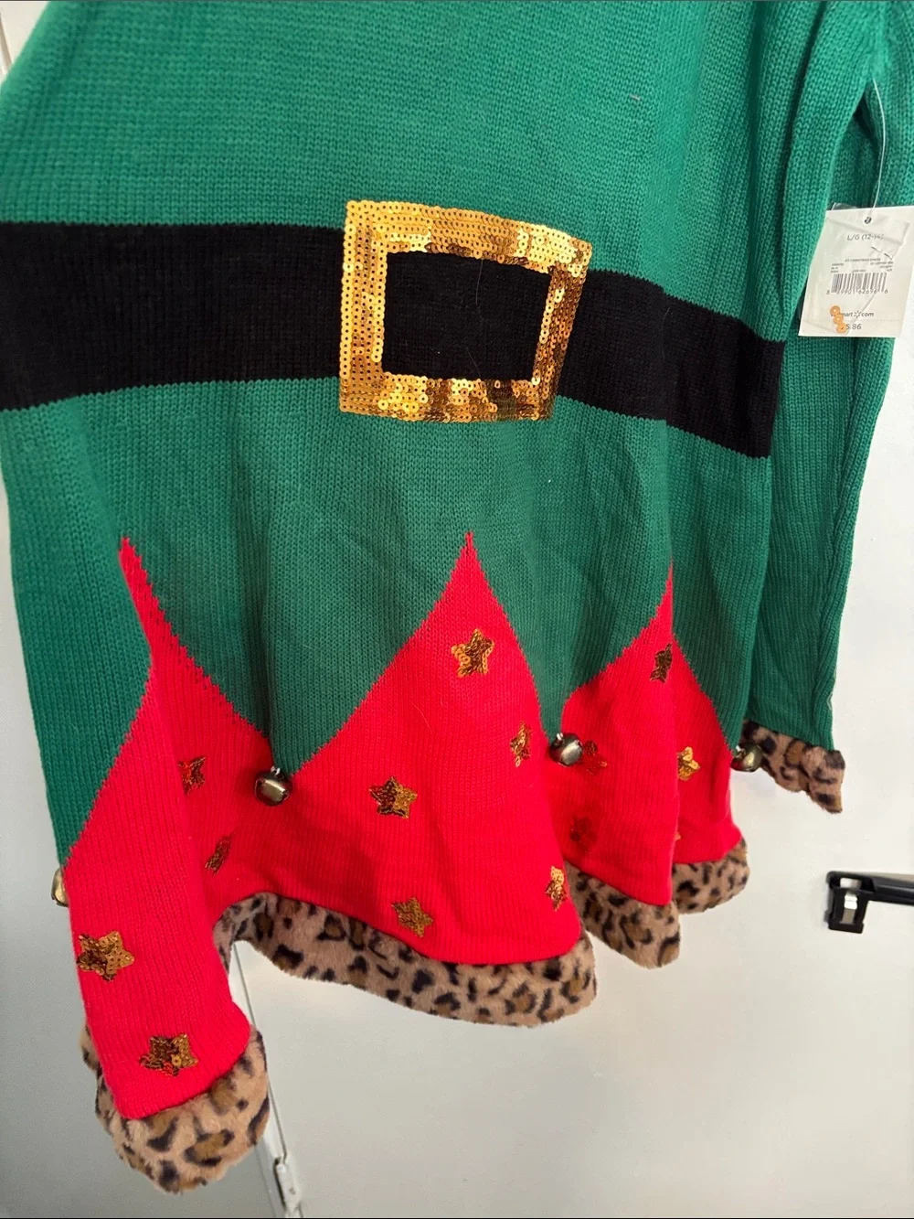 Holiday Time Green and Red Elf Dress with Leopard Trim